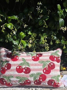 Beaded Cherry Decorative Pillow - Pink and Red